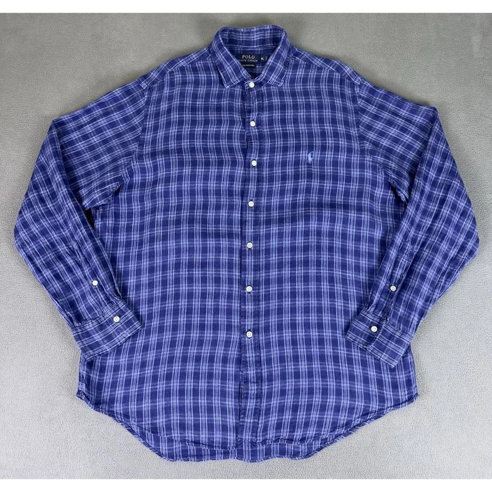 Polo Ralph Lauren Shirt Mens XL Blue Plaid Ocean Wash Linen Prep‎ Beach